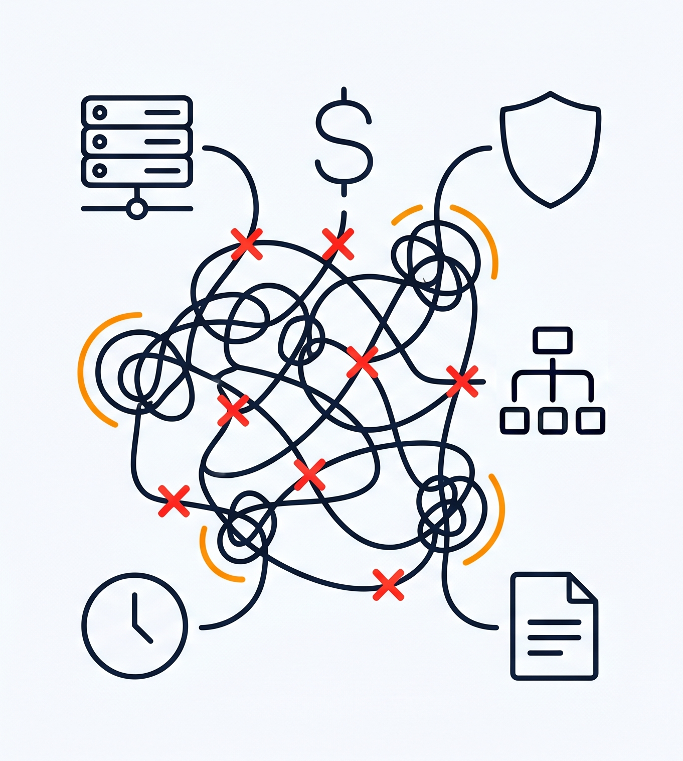 Diagram showing tangled, broken connections between firm systems when AI is deployed without orchestration