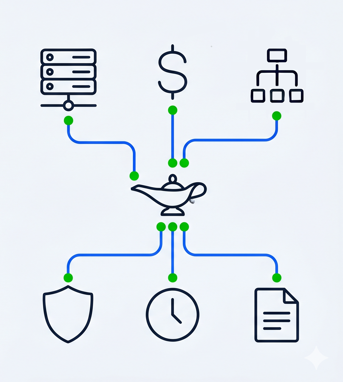 Diagram showing a genie lamp as the orchestration layer cleanly connecting firm data, workflows, compliance, and reporting